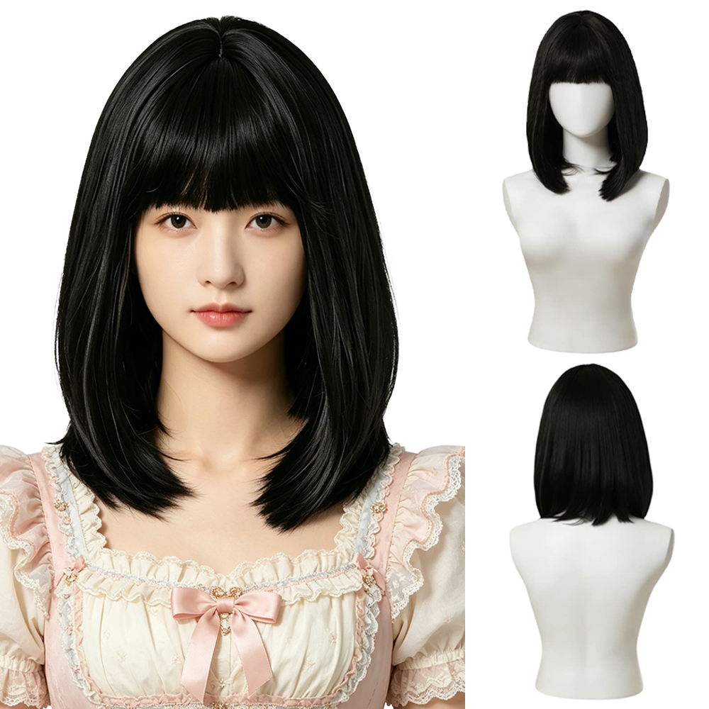 Hair Care High End - Naturalna czarna peruka bob z grzywką,